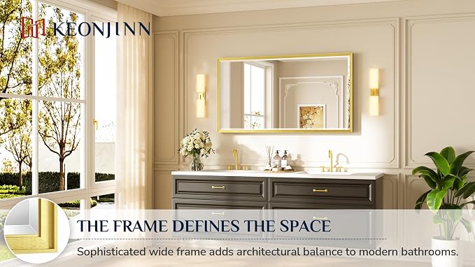 Keonjinn 55" x 30" Gold Bathroom Mirror, Beveled Edge HD Tempered Glass | Aluminum Alloy Metal Frame, Effortless French Cleat Installation, Vertical/Horizontal, Modern Rectangular Wall-Mounted Mirror