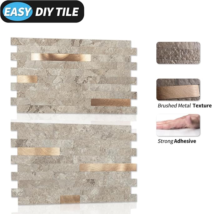 Art3d Faux Stone Peel & Stick Backsplash Tile, 20 pcs, Ecru Slate | PVC, Multi-Style Decor Sheets, Waterproof, Traceless Peel, No Wall Damage, Ideal for Kitchen