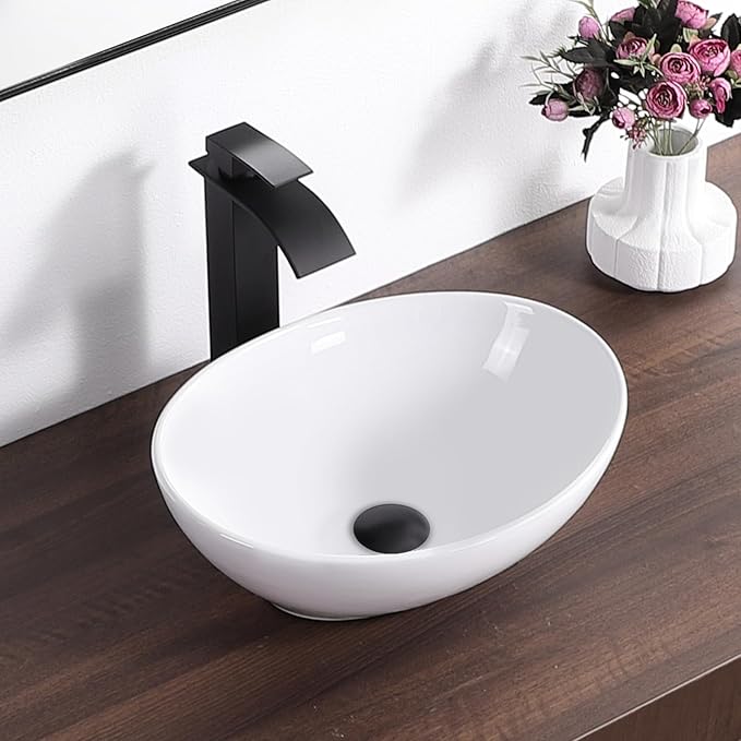 Oval Vessel Sink 16" x 13" Countertop Bathroom Sinks Modern Egg Shape Above Counter White Ceramic Small Sink Vessel Sinks for Bathrooms