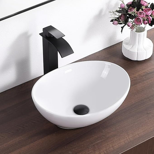 Oval Vessel Sink 16" x 13" Countertop Bathroom Sinks Modern Egg Shape Above Counter White Ceramic Small Sink Vessel Sinks for Bathrooms
