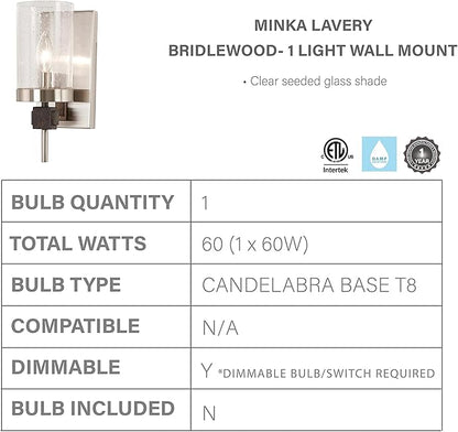 Minka Lavery 4631-106 Bridlewood Vanity Bath Light, 1-Light, 60 Total Watts, 4.5-in H x 11.25-in W, Stone Grey w/Brushed Nickel