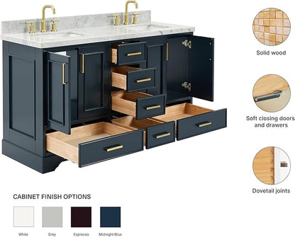 ARIEL Stafford 60-inch Bathroom Vanity with Sink,Solid Wood, 1.5-inch Italian Carrara Marble Countertop, Double Rectangular Porcelain Sink, 4 Soft Closing Doors, 6 Dovetail Drawers, Midnight Blue