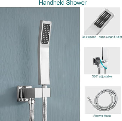 Lordear 10 Inch Shower Head Faucet Wall Mounted Chrome Polished Rainfall Shower System Set Stainless Steel Showerhead with Handheld Combo, Brass Valve Included