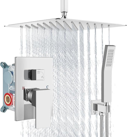 Aolemi Ceiling Mount Shower System Rain Shower Head with Handheld Spray High Pressure Shower Faucet Set Rough-in Valve Shower Trim Kit Included Bathroom Polish Chrome 16 Inch Ceiling Shower Head