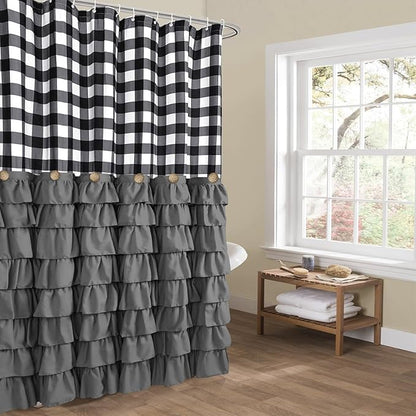 Seasonwood Farmhouse Shower Curtain Grey Shower Curtain with Button Bathroom Decor Black Buffalo Plaid Pattern with Fabric Ruffles Waterproof with 12 Hooks Washable Durable 72"x72"