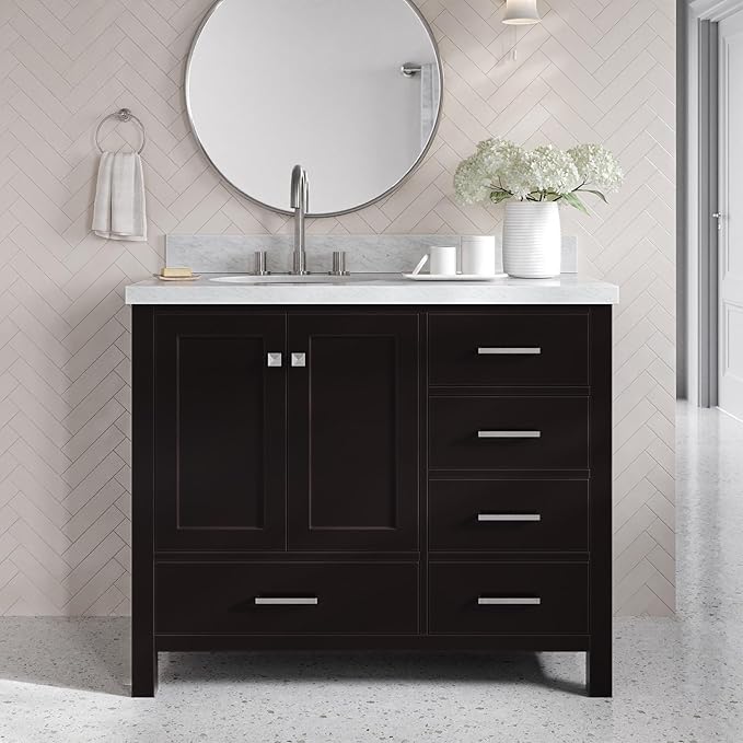 ARIEL Cambridge 42-inch Bathroom Vanity with Sink,Solid Wood, 1.5-inch Italian Carrara Marble Countertop & Backsplash, Single Oval Porcelain Sink, 2 Soft Closing Doors, 5 Dovetail Drawers, Espresso