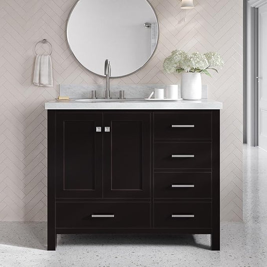 ARIEL Cambridge 42-inch Bathroom Vanity with Sink,Solid Wood, 1.5-inch Italian Carrara Marble Countertop & Backsplash, Single Oval Porcelain Sink, 2 Soft Closing Doors, 5 Dovetail Drawers, Espresso
