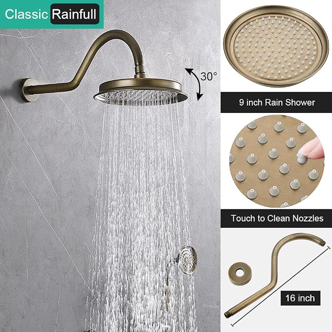 Vintage Faucet Shower System with Handheld Spray | Antique Brass Finish, Multi-layer Plating, 9 inch Rain Shower Head, 2 Way Diverter Brass Valve, Wall Mount Easy Install