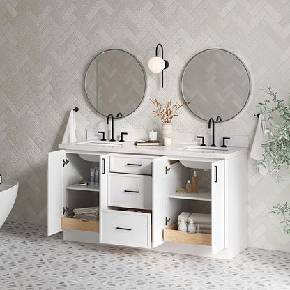 ARIEL Kelly 66-inch Bathroom Vanity with Sink,Solid Wood, 1.5-inch Pure White Quartz Countertop & Backsplash, Double Rectangular Porcelain Sink, 4 Soft Closing Doors, 5 Dovetail Drawers, White