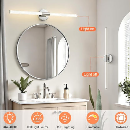 LED Bathroom Vanity Lights Chrome Wall Sconce Modern 30" | 360° Bright Bathroom Light Fixture, Dimmable Vanity Light, Hardwired Wall Light 4000K for Mirror