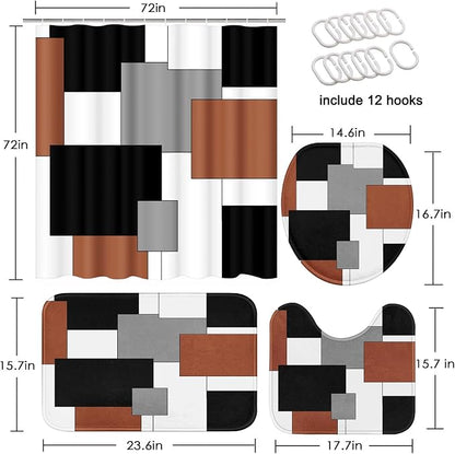 Bathroom Sets with Shower Curtain and Rugs, 4 Pcs, Geometric Modern | Abstract Checkered Brown Bathroom Decor Set with Toilet Lid Cover, Non-Slip Bath Mats and Accessories 12 Hooks