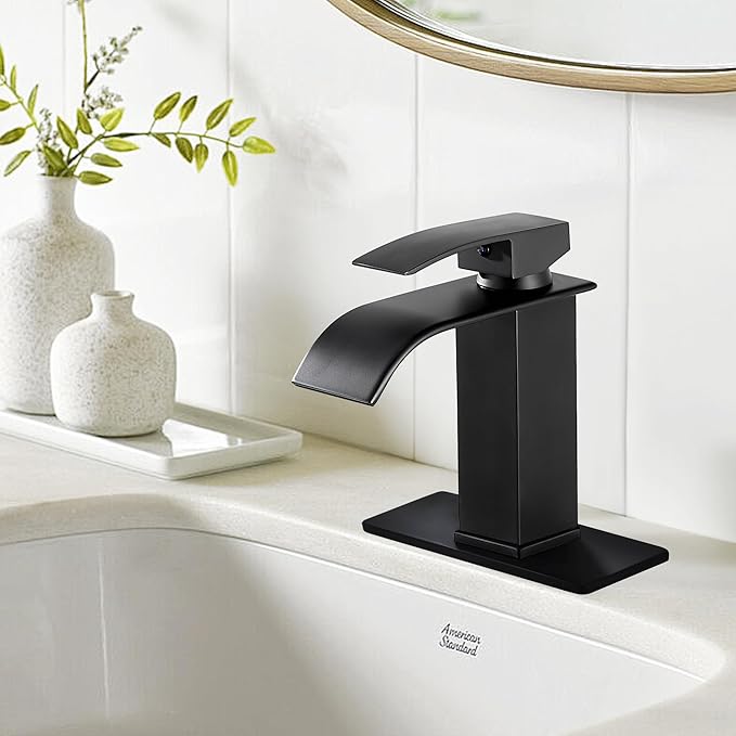 sagetta Waterfall Bathroom Sink Faucet Single Hole Black with Three Hole Cover Deck Plate, Pop up Drain and Water Hoses Stainless Steel Vanity