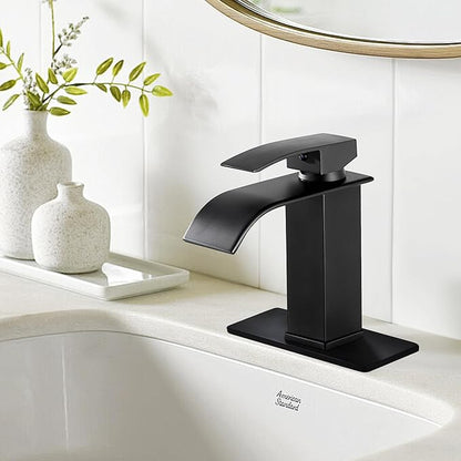 sagetta Waterfall Bathroom Sink Faucet Single Hole Black with Three Hole Cover Deck Plate, Pop up Drain and Water Hoses Stainless Steel Vanity