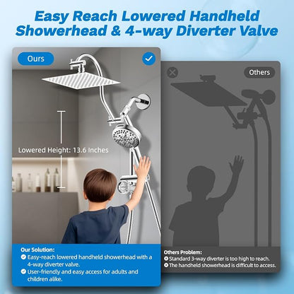 Hibbent High Pressue All Metal 8" Rainfall Shower Head, Handheld 10-Spray | cUPC Certified Chrome Dual Showerhead Combo, 4-way Diverter with Pause Mode, Brass Extension Arm, 71'' Shower Hose & Holder