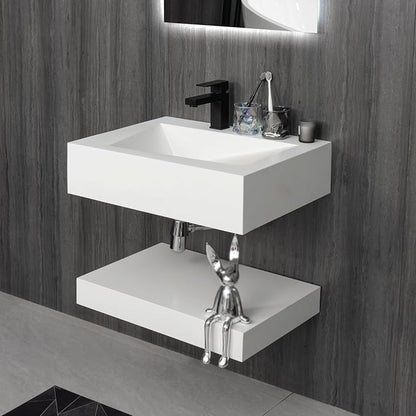 24”x19" Wall-Mount Stone Resin Bathroom Sink Rectangular Vessel Sinks for Bathroom Floating Vanity Sink Trough Modern Art Basin with Shelf Layer