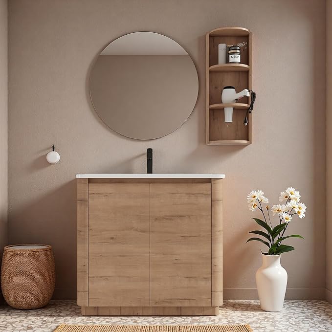 36" Bathroom Vanity with Ceramic Sink, Freestanding Bathroom Vanity with 2-Soft-Close Door, Semicircle Storage Rack & Inside Adjustable Shelves for Home, Farmhouse Floor Mount Vanity, Oak