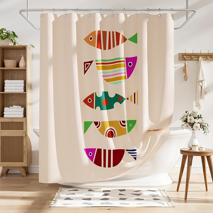 AmazerBath Cute Shower Curtain, Geometric Shaped Fish Bathroom Shower Curtain with 12 Shower Curtain Hooks, Rustic Fabric Shower Curtain Set, 72x72 Inches