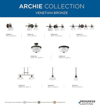 Progress Lighting P2991-74 Archie Collection Clear Double Prismatic Glass Coastal Bath Vanity, 2-Light, Venetian Bronze