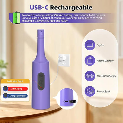 Hibbent Portable Bidet for Travel, High Pressure Electric Handheld Bidet Sprayer, 350-550ML Expandable Bottle for Personal Hygiene, USB-C Rechargeable Waterproof Sprayer for Women & Men, Purple