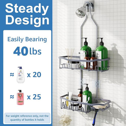 Upgraded Extended Length Shower Caddy Over Showerhead No Blocking to Showerhead, Rustproof Bathroom Organizers and Storage with Hooks Shampoo Soap Holder, Large Hanging Caddy, Grey