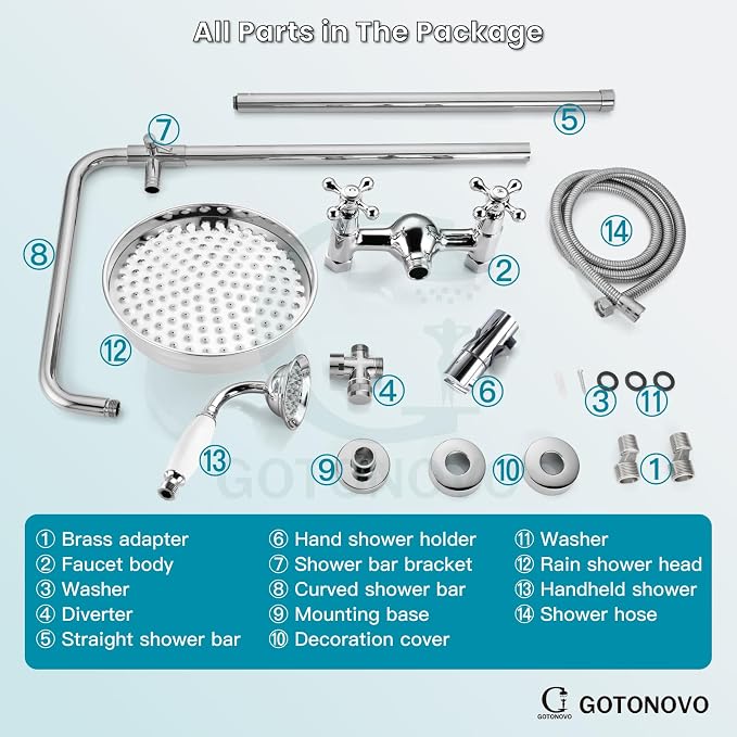 gotonovo Exposed Shower Faucet Set Luxury,Polish Chrome,Straignt Rod | Bathroom 8” Shower Head with Handheld Spray System Fixtures,Vintage Two Cross Handle,Wall Mount,for 5-6.7" Hole,Adjust Height
