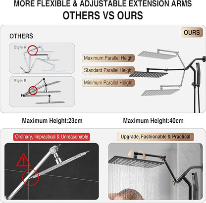 All Metal 12 Inch Rain Shower Head with Handheld Built-in Power Wash Mode, High Pressure Waterfall Rainfall Square Shower Heads with 16" Adjustable Extension Arm, Dual Showerhead, Matte Black