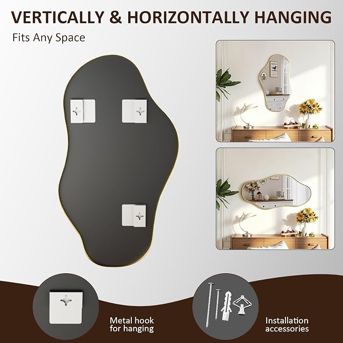 Irregular Wall Mirror, 20"x36" Asymmetrical Mirror with Metal Frame, Decorative Wall Mirror for Entryway Bathroom Living Room Bedroom, Horizontal or Vertical Hanging