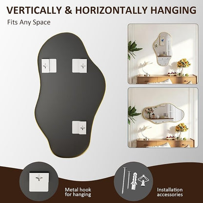 Irregular Wall Mirror, 20"x36" Asymmetrical Mirror with Metal Frame, Decorative Wall Mirror for Entryway Bathroom Living Room Bedroom, Horizontal or Vertical Hanging