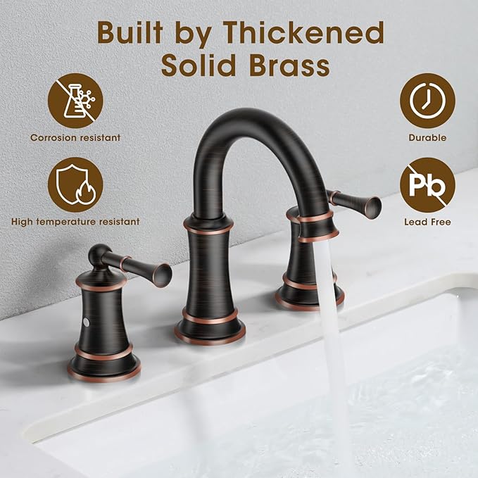 Rustic Oil Rubbed Bronze Bathroom Faucet, 360° Rotatable Spout, 2 Handles, 3 Hole Widespread, Pop Up Drain & Supply Lines Included, Antique Style (L2304-ORB)