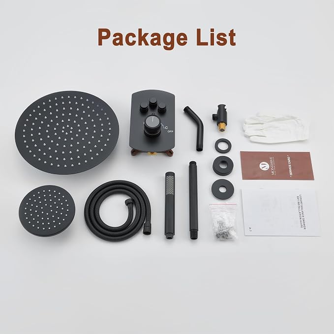 MONDAWE 12 Inch Ceiling Mounted Black Shower System, Dual Rainfall Shower Head & High Pressure Handheld Spray Combo, 3-Function Luxury Shower Faucet Set for Bathroom, All Functions Work Simultaneously