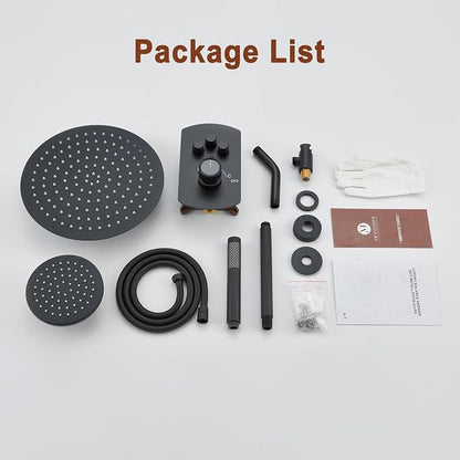 MONDAWE 12 Inch Ceiling Mounted Black Shower System, Dual Rainfall Shower Head & High Pressure Handheld Spray Combo, 3-Function Luxury Shower Faucet Set for Bathroom, All Functions Work Simultaneously