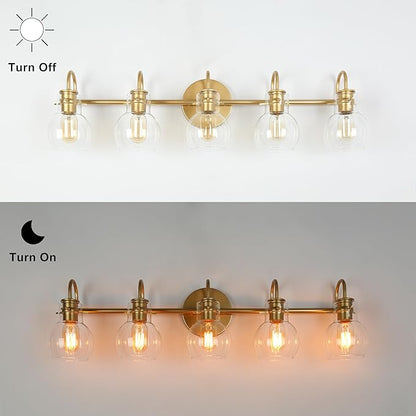 KSANA Bathroom Vanity Light, 5-Light Large Gold Wall Light Fixtures, Modern Vanity Lights Over Mirror with Globe Clear Glass Shades