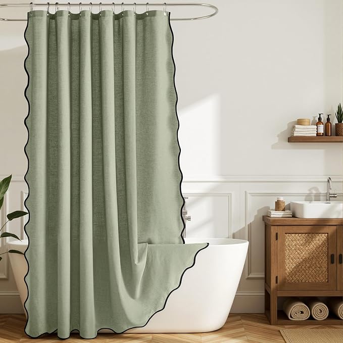 MIULEE Sage Green Scalloped Linen Shower Curtain 72W x 72L | 12 metal hooks, Linen scalloped, waterproof washable, thick heavy cloth, black border, boho farmhouse, bathroom hotel use