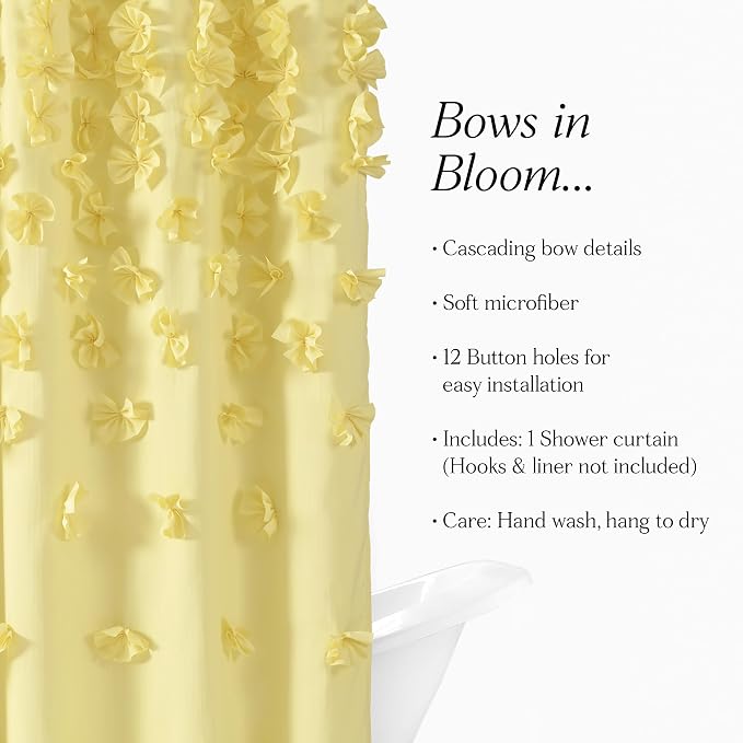Lush Decor Riley Shower Curtain, 72" W x 72" L, Yellow - Bathroom Curtain - Coquette Decor - Bow Shower Curtains - Cottage Core - Fabric Shower Curtains