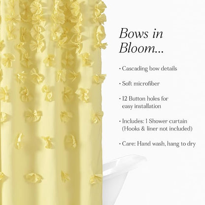 Lush Decor Riley Shower Curtain, 72" W x 72" L, Yellow - Bathroom Curtain - Coquette Decor - Bow Shower Curtains - Cottage Core - Fabric Shower Curtains