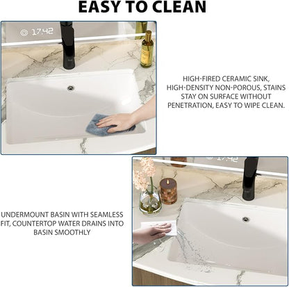 White Undermount Bathroom Sink 20.4"x14.4"Ceramic Basin | Modern Porcelain Under Counter Bathroom Vanity Sink, Interior Bowl 18.3" x 12.4", Rectangular Undermount Basin with Overflow