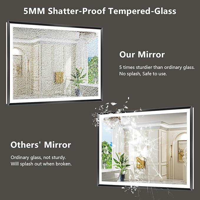 44x32 Black Framed LED Bathroom Mirror with Lights, Backlit and Front Light, Lighted Bathroom Vanity Mirror for Wall Dimmable Anti-Fog Memory Tempered Glass Horizontal/Vertical