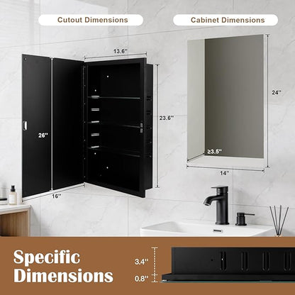 16x26'' Bathroom Medicine Cabinet Mirror with Storage, Surface Mount or Recessed Medicine Cabinet with 4-Tiered Adjustable Tempered Glass Shelves