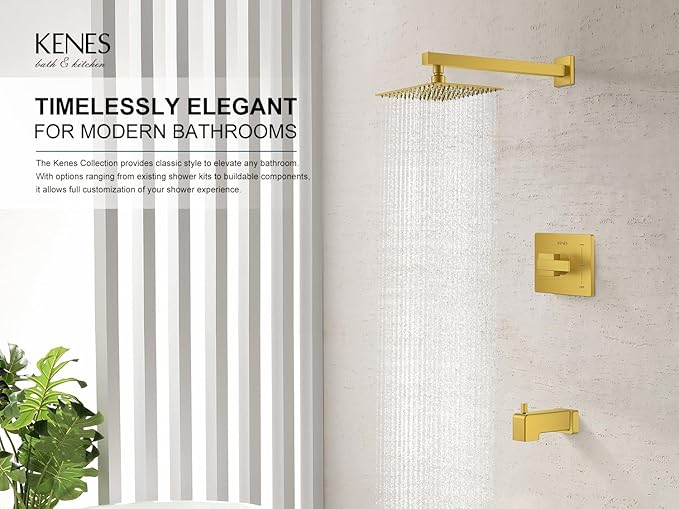 KENES Brushed Gold Shower Set with Tub Faucet, Square Tub Shower Faucet Set | Shower Faucet with 10-Inch Rain Shower Head, Square Shower System, Valve Included, Lead-Free cUPC & NSF Certified, Stainless