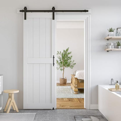 SMARTSTANDARD 30" x 84" White Sliding Barn Door with 5FT Black Hardware | Pre-Drilled Ready to Assemble, Waterproof PVC Coating, H-Frame