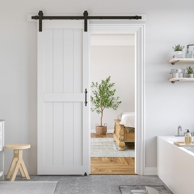SMARTSTANDARD 28" x 84" White Sliding Barn Door with 5FT Black Hardware | Pre-Drilled Ready to Assemble, Waterproof PVC Coating, H-Frame