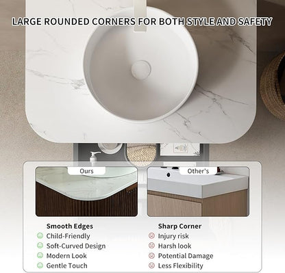 Yayzy 24" Floating Bathroom Vanity with Sink, Solid Wood Fluted Cabinet, White Round Ceramic Basin & Faux Marble Top, Soft-Close Drawer, Pre-Assembled, Walnut Woodgrain
