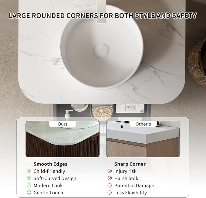 Yayzy 60" Floating Bathroom Vanity with Sink, Solid Wood Fluted Cabinet, White Round Ceramic Basin & Faux Marble Top, Soft-Close Drawer, Pre-Assembled, Walnut Woodgrain