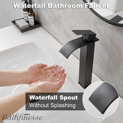 Bathroom Faucet Oil Rubbed Bronze, Bathfinesse Faucet for Bathroom Sink 1 Hole One Handle Deck Mount Veseel Sink Bowl with Pop-up Drain Stopper and Supply Hoses