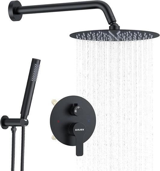 KOJOX 12-Inch Matte Black High-Pressure Shower System: Complete Set with Rainfall & Handheld Shower Heads, Wall-Mounted Mixer Faucet, Rough-In Valve, & Trim Kit for Bathroom