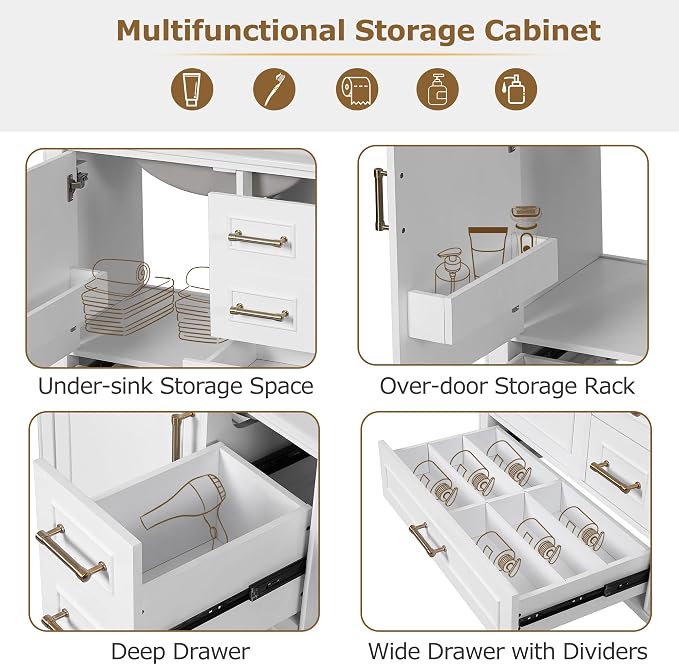30" Bathroom Vanity with Sink,Free Standing Single Basin Vanity Set w/ 3 Drawers & Soft Closing Door,Solid Wood Frame,Metal Handles,Modern Storage Cabinet for Small Space,White