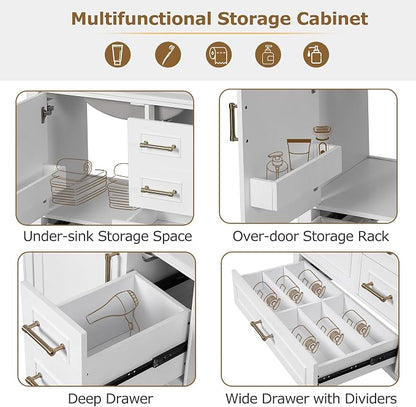 30" Bathroom Vanity with Sink,Free Standing Single Basin Vanity Set w/ 3 Drawers & Soft Closing Door,Solid Wood Frame,Metal Handles,Modern Storage Cabinet for Small Space,White