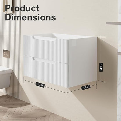 30” Floating Bathroom Vanity Cabinet Wall-Mounted Bathroom Vanity in White, Sink Basin Not Included