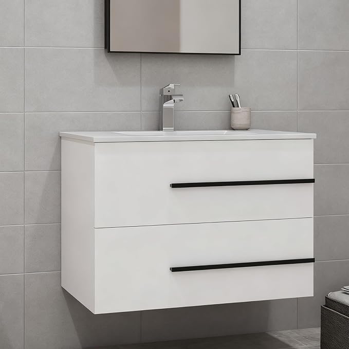 30 inch Floating Bathroom Vanity Without Sink, Space Saving Fluted Design for Small Bathrooms, Soft Closing Drawers & Black Handles White