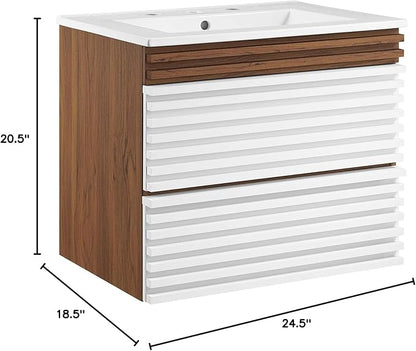 Modway Render 24" Wall-Mount Bathroom Vanity in White Walnut White